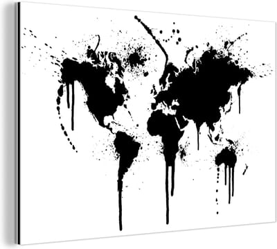 Aluminium schilderij 150x100 cm - Wanddecoratie metaal - Wereldkaart - Inkt - Zwart - Wit - Kinderen - Jongens - Meisjes - Metalen muurdecoratie woonkamer - Decoratie industrieel - Foto op dibond - Industriële accessoires slaapkamer