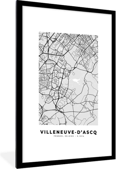 Fotolijst incl. Poster - Plattegrond - Kaart - Stadskaart - Frankrijk - Villeneuve-d'Ascq - 60x90 cm - Posterlijst