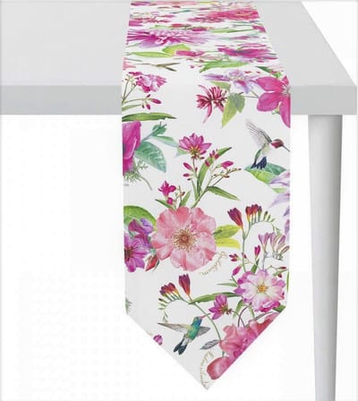 Tafelloper Summertime roze - 175 x 25 - 100% katoen - witte tafelloper met zomerse bloemen