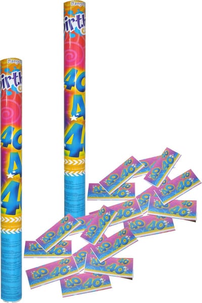 Funny Fashion confetti shooter/kanon - 2x - verjaardag 40 jaar - papier - multi kleuren - 59 cm - leeftijd feestartikelen
