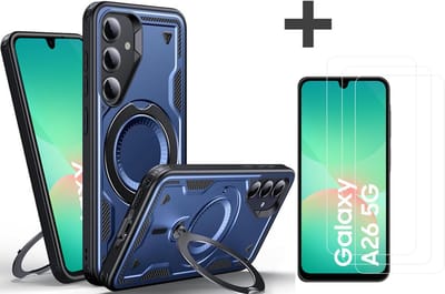 Hoesje Geschikt voor Samsung Galaxy A26 met 3 Stuks gehard glas Screenprotectors - Armor hoes met Ringhouder - Arara backcover - Navy