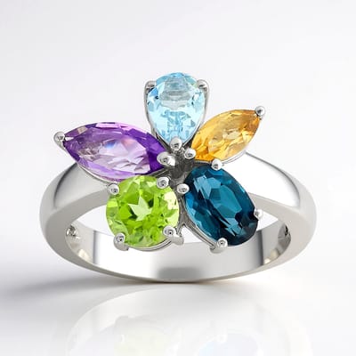 Cavill - Bloemenring 925 Sterling Zilver - Braziliaanse Amethist Marquise 0,42 ct - Citrien, Topaas & Peridoot - Elegante Unieke Damesring