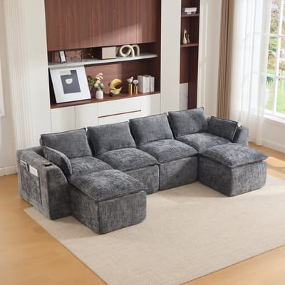 OKWISH Hoekbank 322 x 161 cm - Modulair 4-Zits Met Hockers En Zijvakken - Woonkamer Of Kantoor - Chenille - Donkergrijs