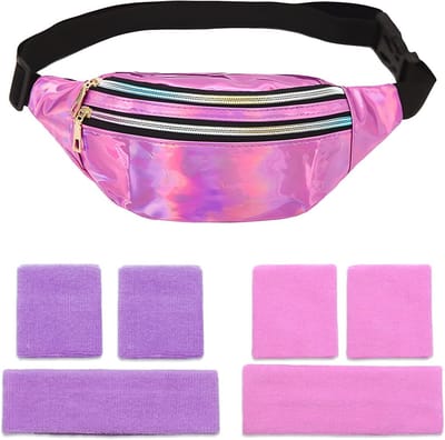 Retro Heuptas met Hoofdband en Armbanden voor Vrouwen - Verstelbare Waterdichte Taille Tas voor 80s en 90s Feestjes en Carnavals Thema's - Licht Paars, One Size