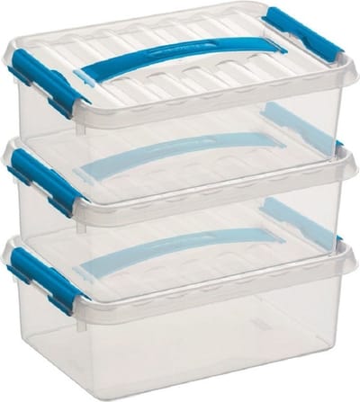 3x sunware q-line opberg box/opbergdoos - 4 liter - 30 x 20 x 10 cm - kunststof - opslagbox - transparant/blauw