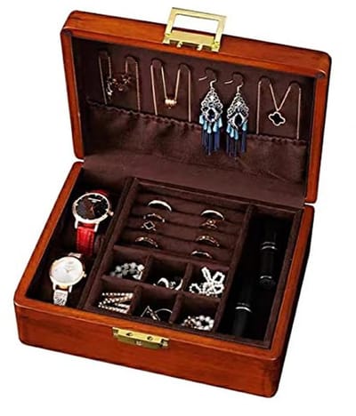 Bescott Massief houten sieradendoos met 2 lagen, vintage sieradenorganizer met fluwelen interieur, slot en sleutel, opbergdoos voor oorbellen, ringen, kettingen, armbanden en horloges, ideaal cadeau