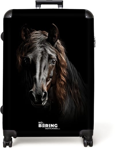 NoBoringSuitcases.com® - Koffer groot - Reiskoffer lichtgewicht - Portret Fries paard op zwarte achtergrond - Rolkoffer met 4 wielen - Grote trolley XL - 98 liter bagage