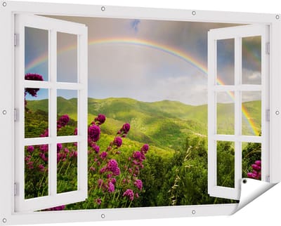 Gards Tuinposter Doorkijk Regenboog in de Heuvel Bossen - 150x100 cm - Tuindoek - Tuindecoratie - Wanddecoratie buiten - Tuinschilderij