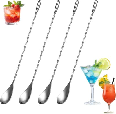 Barlepels Set - Cocktaillepels - Dranken Mixen - Spiraal Design - 25 cm Lengte - Zilver