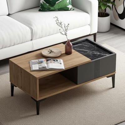 Modena Salontafel/Koffietafel 90 cm met Opbergvak, Moderne Woonkamertafel Scandinavisch Design, Rechthoekig, Licht Eiken Antraciet