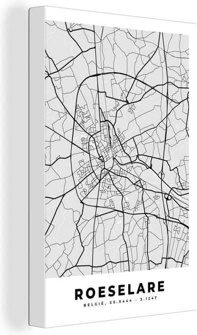 Canvas Schilderij Stadskaart – Plattegrond – België – Zwart Wit – Roeselare – Kaart - 20x30 cm - Wanddecoratie