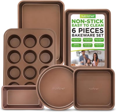 6-delig Non-Stick Bakvorm Set van Karbonstaal – Inclusief Koekjesplaten, Rechthoekige & Vierkante Bakpan, Brood- en Ronde Cakevorm, Muffinvorm