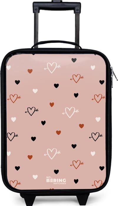 NoBoringSuitcases.com® - Kinderkoffer jongen - Kindertrolley meisje - Hartjes met pijlen in zwart, wit en roze - Koffer kind lichtgewicht - Reiskoffer trolley voor kinderen - Koffertje met lichtgevende wieltjes - Rolkoffer zwart