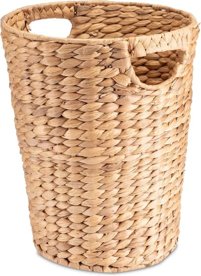 Prullenmand opslag gevlochten van waterhyacint - afvalemmer met handvat - diameter 25 cm boven, 19 cm onder,