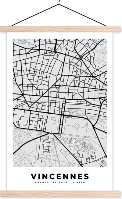 Posterhanger incl. Poster 40x60 cm - Schoolplaat - Kaart – Stadskaart – Frankrijk - Vincennes - Plattegrond - Textielposter - Blanke latten - Stadskaart