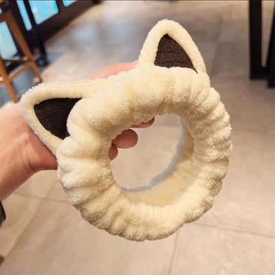 Gezichtsreiniger Hoofdband Haarband Met Kattenoren Koraalvlies Cartoon Schattig Creatief Haaraccessoires beige
