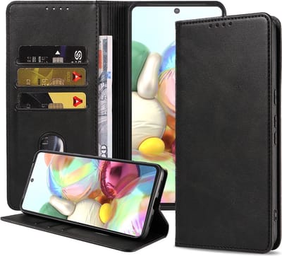 Smartphonica Samsung Galaxy A71 kunstleren hoesje met magnetische sluiting en pashouders book case - zwart geschikt voor Samsung Galaxy A71