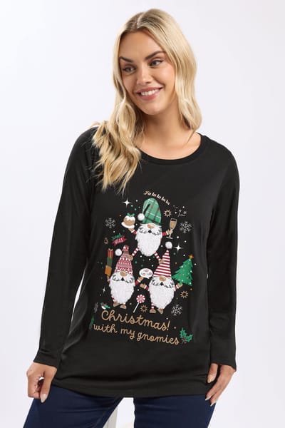 Yours Zwart 'Christmas With My Gnomies' Nieuwigheid Tshirt Size 42