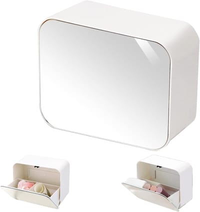 Wandhouder voor Wattenstaafjes met Spiegel, Zelfklevende Organizer voor Badkamer, 2 Vakken voor Make-up en Hygiëneaccessoires