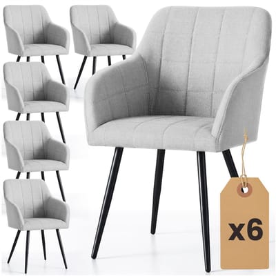 Set van 6 Eetkamerstoelen LUXANO met Armleuningen / Gestoffeerde Stoelen en Metalen Poten / Lumos-stof / Lichtgrijs met zwarte benen