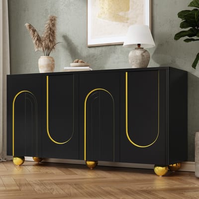 STILVORA Dressoir - Vierdeurs Opbergkast Met Gouden Boogdecor - Voor Woonkamer, Hal En Eetkamer - MDF En Spaanplaat - 140x40x74 Cm - Zwart