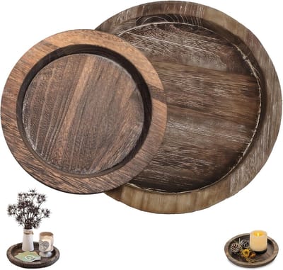 Set van 2 Houten Kaarsenhouders in Vintage Charcoal Look - Decoratieve Kaarsenplaten voor Tafelversiering en Woonkamer, 2 Verschillende Maten
