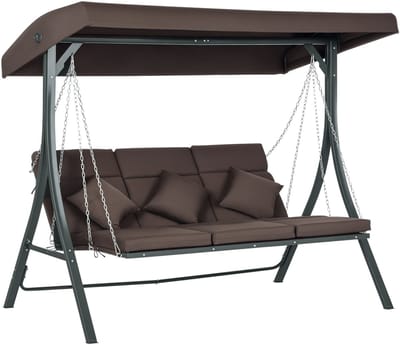 Outsunny Hollywood schommel 3-zits, schommelbank met verstelbaar zonnedak, tuinschommel met kussen, draagvermogen tot 270 kg, metaal, texteline, bruin, 198 x 118 x 168 cm