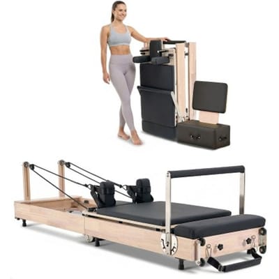VEVOR Opvouwbare Pilates Reformer-trainingsapparatuur van rubberhout voor thuisgym, Pilatesbed met dubbele weerstand - veer en koord, apparatuur met zitkist, tot 181,44 kg