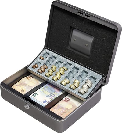 Cashier C9246-EUR Geldkist met Muntentelbord - Stalen Geldkistje voor Munten en Bankbiljet Compartiment - 30 cm Breed - Geldkluisje - Kassa met Muntsorteerder - Grijs Euro Geldkistje
