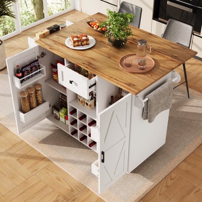 STILVORA Keukenwagen - Multifunctionele Met Uitklapbare Tafel En Ruime Opbergruimte, Uittrekbaar Wijnrek - MDF - 137.5x40x95.6 cm - Wit