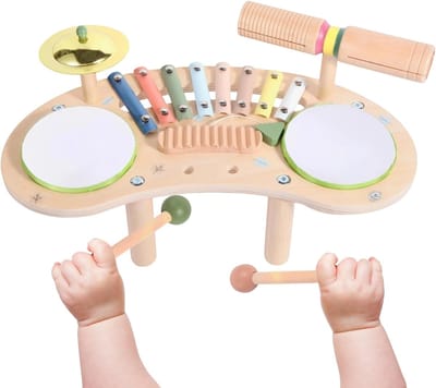 Houten Drumstel - Muziekinstrumentenset - Muzikale Ontwikkeling - 7-in-1 Set - 39x7x21 cm - Veelkleurig