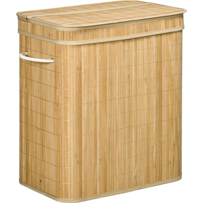 HOMCOM bamboe wasmand met deksel en handgrepen, inhoud 90 liter, met 2 compartimenten en een uitneembare stoffen zak - 54,2x59,5 x cm