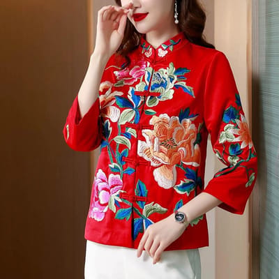 Winter Nieuw Chinees Geborduurd Top Dames Retro Tang Pak Dames Staande Kraag Shirt L rood