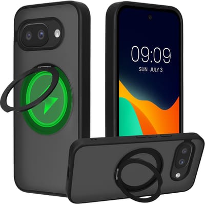 kalibri Beschermhoes met ringhouder vppr Google Pixel 9a - Kickstand 360° harde hoes compatibel met MagSafe - zwart / mat transparant
