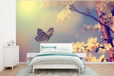 Behang - Fotobehang Vlinders - Bloesem - Tak - Boom - Breedte 350 cm x hoogte 260 cm