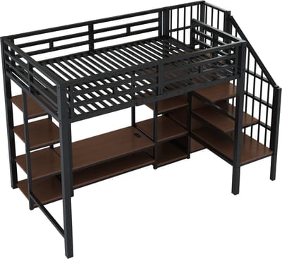 Hoogslaapbed 90x200 cm met TV Meubel en Stopcontact, Veilige Opbergtrap, Zwarte Metaal-Hout Combinatie, Moderne Ruimtebesparende Ontwerp