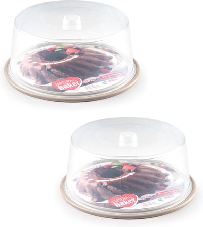 Plasticforte Taartstolp - 2x stuks - transparant - 32 x 15 cm - taart / gebak bewaardoos - taupe bodem