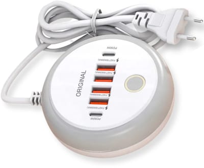 PD 50W Multi-Poort Snellader – 6-Poorts USB & Type-C Wandoplader met Touch LED Nachtlamp – Snel & Intelligent Opladen – EU/US Plug, 50 Watt Oplaadstation
