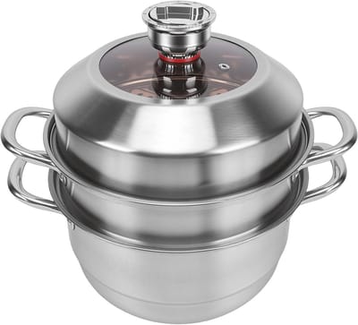 Drielaagse Stoompan - Grote Capaciteit - Gezond Koken - Met Timerfunctie - 27.5 cm - Zilver