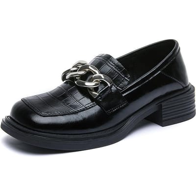 Lok Fu Schoenen Dames's Nieuw Krokodillenpatroon Metalen Dikke Ketting Dikke Hak Mode Kleine Leren Schoenen Mary Jane Dames's Schoenen 40
