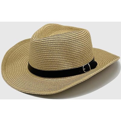 Zomer Zonnebescherming Ademende Panama Hoed Stro Hoed Europese en Amerikaanse Mode Riem Accessoires Western Cowboy Hoed Heren Zonnebescherming Hoed 56-58cm beige