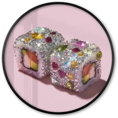 Poster in lijst Rond - Fotolijst 60x60 cm - Posters - Sushi - Rolletjes - Steentjes - Kleurrijk - Ronde posterlijst zwart - Decoratie - Wanddecoratie woonkamer - Muurdecoratie slaapkamer