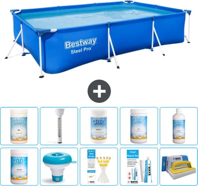 Bestway Rechthoekig Steel Pro Zwembad - 300 x 201 x 66 cm - Blauw - Inclusief Chloor - Chloordrijver - Testrips - Reparatiesetje - Scrubborstel - PH-min - PH-plus - Thermometer - Anti Alg - 11-delig