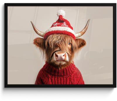 Poster in lijst - Fotolijst 70x50 cm - Posters - Schotse Hooglander - Kerst - Muts - Trui - Winter - Posterlijst zwart - Decoratie - Wanddecoratie woonkamer - Muurdecoratie slaapkamer - Kerstversiering - Kerstdecoratie voor binnen - Kerstmis