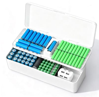 Batterij Opbergdoos - Batterij Organizer - Batterijen Sorteren - Met Ingebouwde Tester - 27.5x7.5x10 cm - Wit
