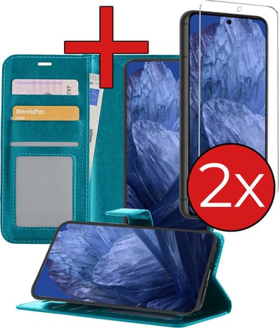 Hoesje - Met 2x Screenprotector - Geschikt voor Google Pixel 8a - Luxe Pasjeshouder - Flip Case - Bookcase Portemonee - Kunstleer Book Case - Flipcase Hoes - Book Cover - Walletcase - Portemonneehoes - Telefoonhoes - Turquoise