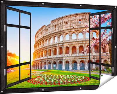 Gards Tuinposter Doorkijk Colosseum bij Zonsopgang in Rome, Italië - 150x100 cm - Tuindoek - Tuindecoratie - Wanddecoratie buiten - Tuinschilderij