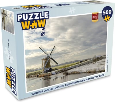Puzzel Winters landschap met een windmolen aan het water - Legpuzzel - Puzzel 500 stukjes