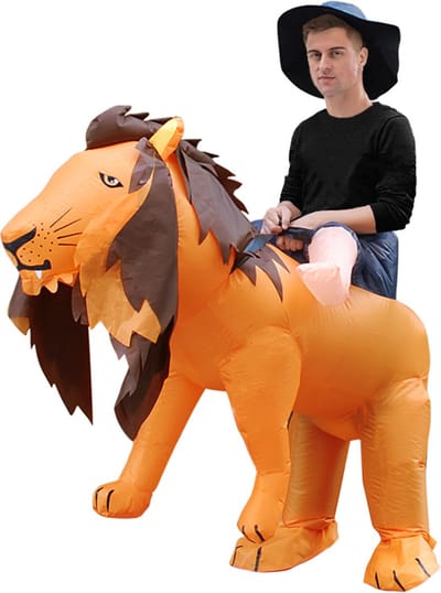 KIMU® Opblaas Kostuum Zittend Op Leeuw - Maat 122 128 134 140 146 152 -Opblaasbaar Pak - Leeuwenpak Mascotte Opblaaspak - Opblaasbare Tijger Safari Dames Heren Festival