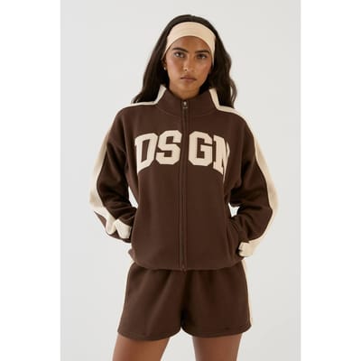 Dames Dsgn Studio Trainingspak Met Zijstreep, Col En Rits Bomberjack En Korte Broek | Chocoladebruin | Maat: XL